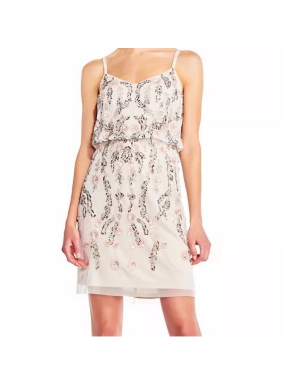 Adrianna Papell Blush Sequin Floral Appliqué Gown